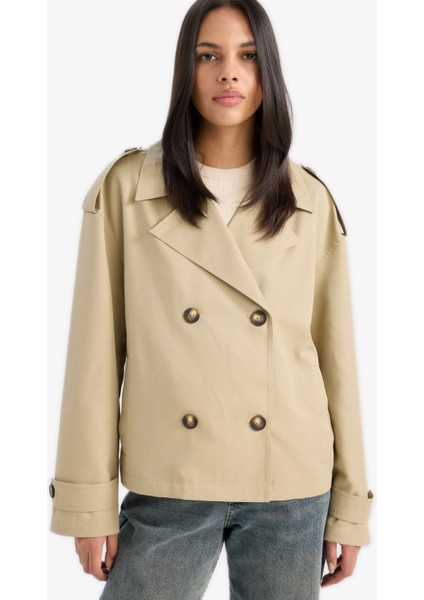 Regular Fit Cepli Kemerli Kısa Trençkot