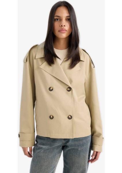 Regular Fit Cepli Kemerli Kısa Trençkot