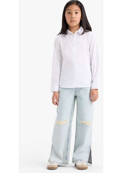 Kız Çocuk Slim Fit Dar Kesim Bengalin Uzun Kollu Okul Gömleği