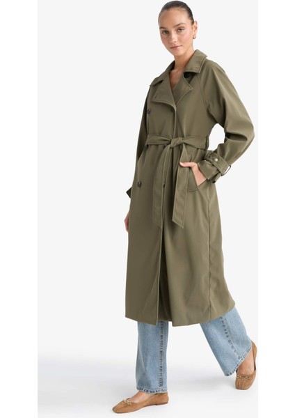 Regular Fit Suni Deri Kemerli Uzun Trençkot