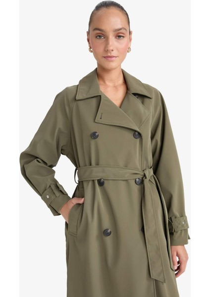 Regular Fit Suni Deri Kemerli Uzun Trençkot