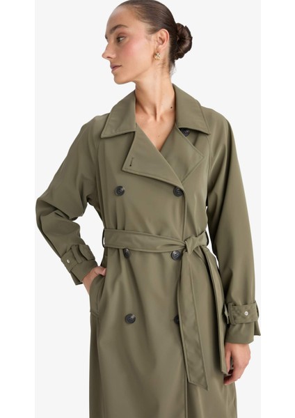 Regular Fit Suni Deri Kemerli Uzun Trençkot