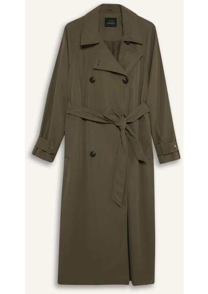 Regular Fit Suni Deri Kemerli Uzun Trençkot