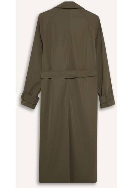 Regular Fit Suni Deri Kemerli Uzun Trençkot