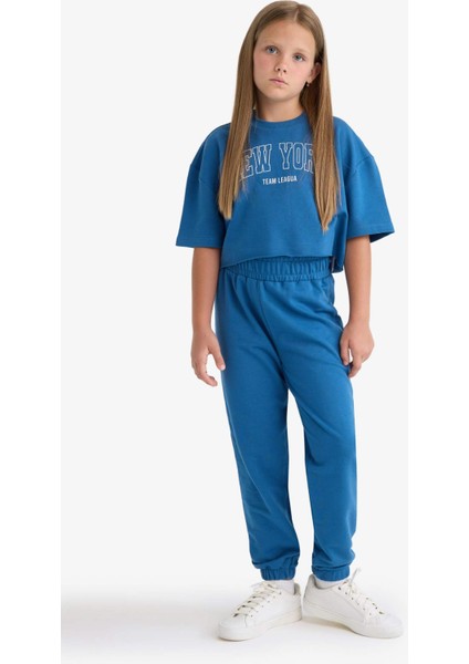 Kız Çocuk 2'li Takım Baskılı Kısa Kollu Tişört Beli Lastikli Eşofman Altı E6414A825AU