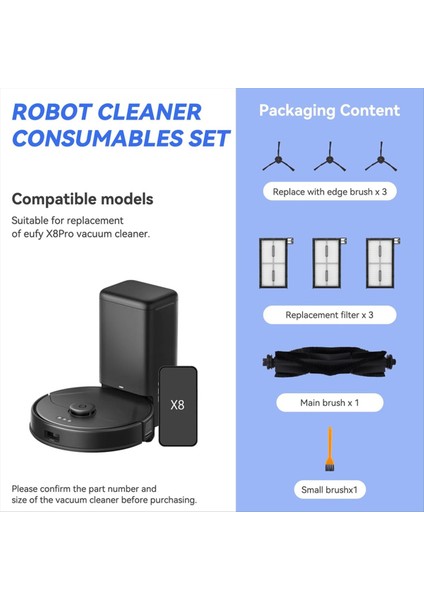 Eufy X8 Pro Serisi Robot Süpürge Yedek Parçaları - X8 Pro Aksesuar Seti, Ana Fırçalar, Filtreler, Yan Fırçalar (Yurt Dışından) fiyatları