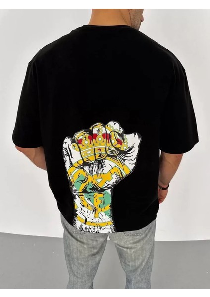 Unisex Bisiklet Yaka Baskılı Oversize T-Shirt - Siyah modelleri