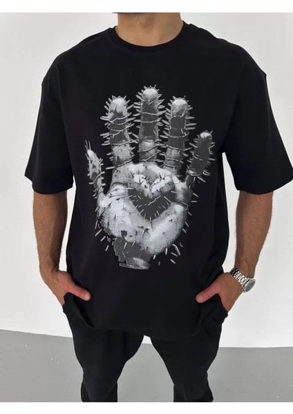 Unisex Bisiklet Yaka Baskılı Oversize T-Shirt - Siyah fiyatları