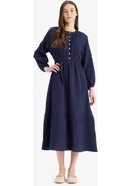 Relax Fit Bisiklet Yaka Müslin Uzun Kollu Maxi Elbise D0570AX25SM