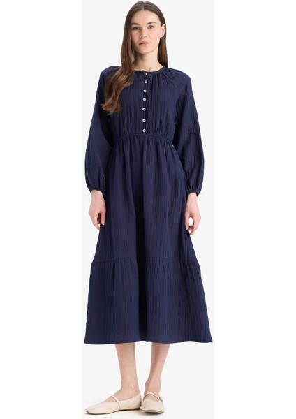 Relax Fit Bisiklet Yaka Müslin Uzun Kollu Maxi Elbise D0570AX25SM