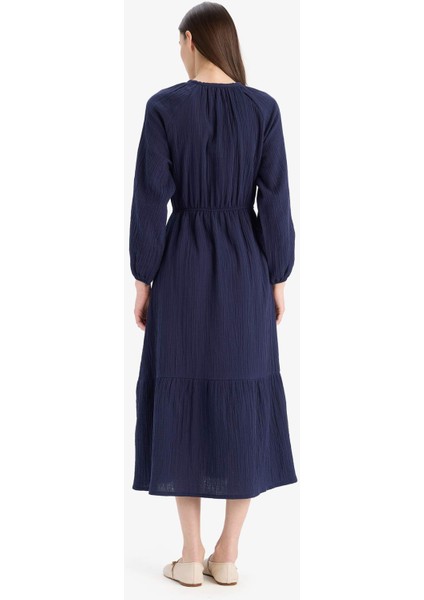 Relax Fit Bisiklet Yaka Müslin Uzun Kollu Maxi Elbise D0570AX25SM