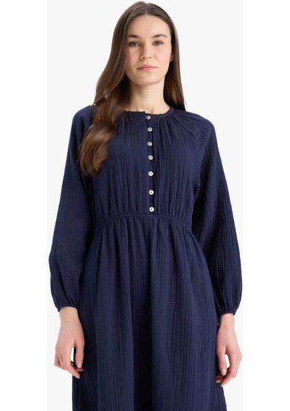 Relax Fit Bisiklet Yaka Müslin Uzun Kollu Maxi Elbise D0570AX25SM