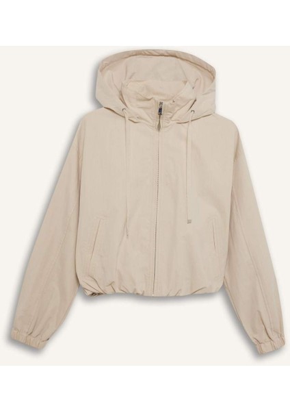 Su Geçirmez Regular Fit Kapüşonlu Fermuarlı Crop Mont