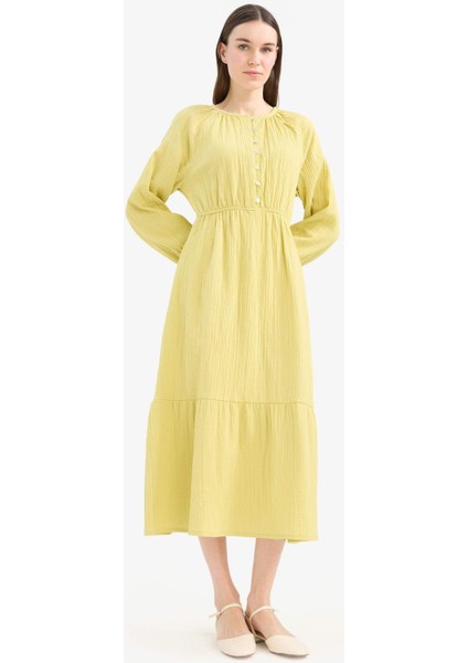 Relax Fit Bisiklet Yaka Müslin Uzun Kollu Maxi Tesettür Elbise D0570AX25SM