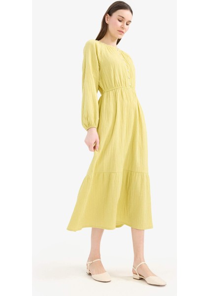 Relax Fit Bisiklet Yaka Müslin Uzun Kollu Maxi Tesettür Elbise D0570AX25SM