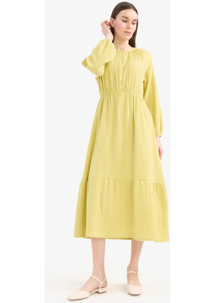 Relax Fit Bisiklet Yaka Müslin Uzun Kollu Maxi Tesettür Elbise D0570AX25SM