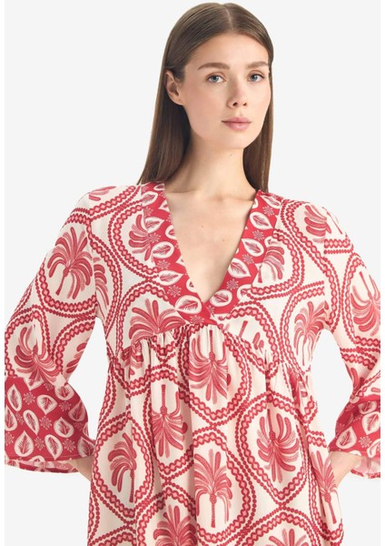 V Yaka Desenli Plaj Elbisesi D5735AX25HS