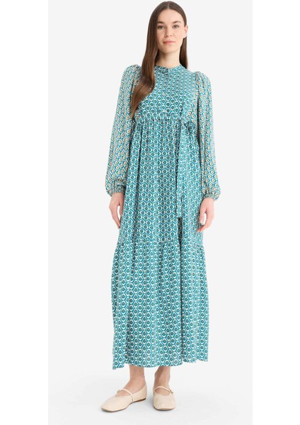 Hakim Yaka Desenli Kuşaklı Uzun Kollu Maxi Tesettür Elbise D4375AX25SM