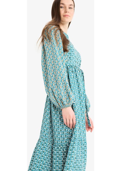 Hakim Yaka Desenli Kuşaklı Uzun Kollu Maxi Tesettür Elbise D4375AX25SM