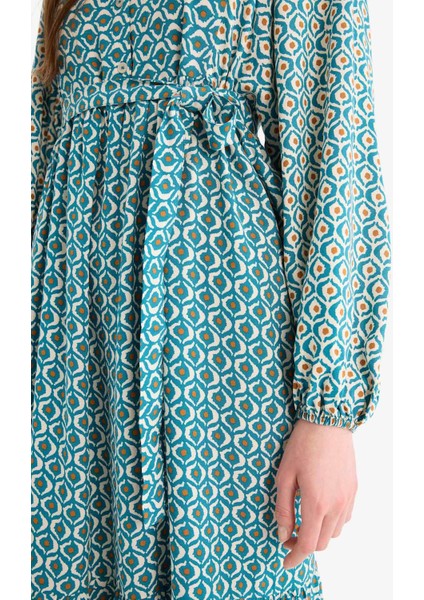 Hakim Yaka Desenli Kuşaklı Uzun Kollu Maxi Tesettür Elbise D4375AX25SM