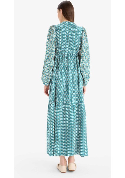 Hakim Yaka Desenli Kuşaklı Uzun Kollu Maxi Tesettür Elbise D4375AX25SM