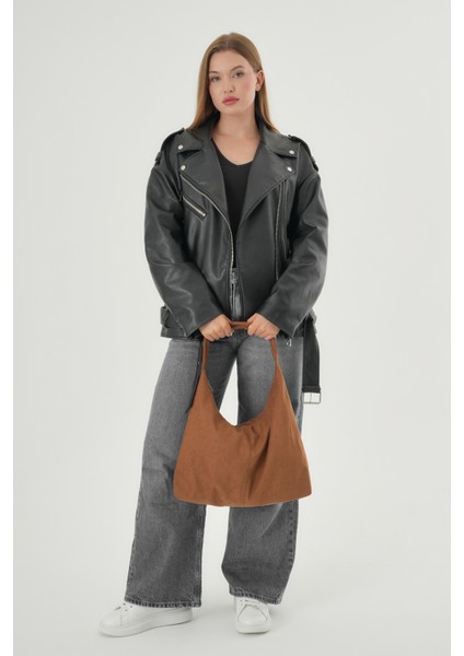 Kahverengi Süet Kadın Shopper Omuz Çantası Yumuşak Form Vintage Model Tote Çanta (28*44) modelleri