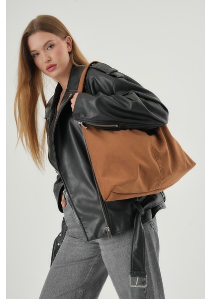 Kahverengi Süet Kadın Shopper Omuz Çantası Yumuşak Form Vintage Model Tote Çanta (28*44)