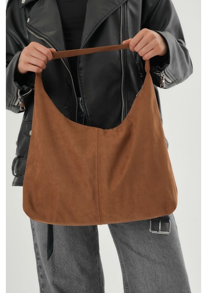 Kahverengi Süet Kadın Shopper Omuz Çantası Yumuşak Form Vintage Model Tote Çanta (28*44)