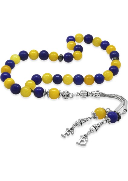 Kararmaz Metal Isme Özel Harf Püsküllü Küre Kesim Sarı Lacivert Jade Doğaltaş Taraftar Tesbih