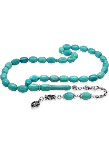Kararmaz Metal Arnavut Zincir Püsküllü Sülün Imame Beyzi Kesim Turkuaz - Beyaz Hareli Katalin Tesbih