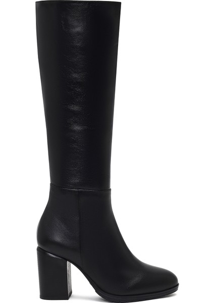 Kadın Siyah Fermuarlı Kalın Topuklu Deri Çizme 25WFD240118