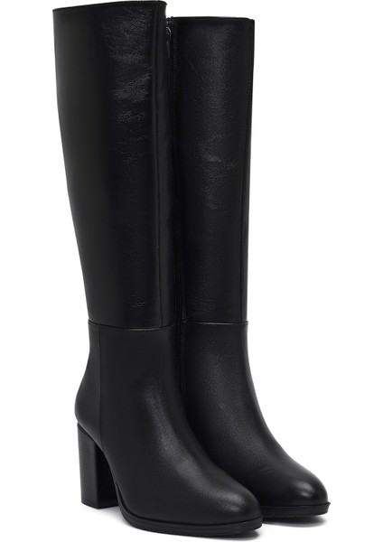 Kadın Siyah Fermuarlı Kalın Topuklu Deri Çizme 25WFD240118 indirimleri