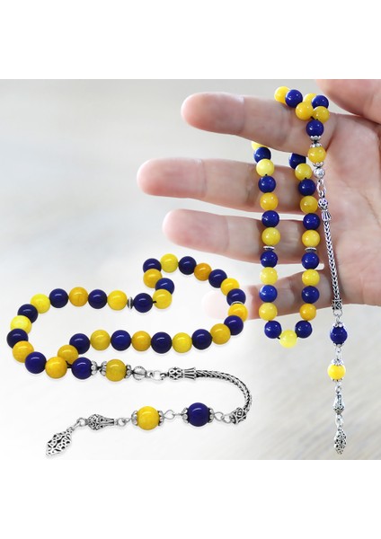 925 Ayar Gümüş Foxtail Zincir Püsküllü Küre Kesim Sarı Lacivert Jade Doğaltaş Taraftar Tesbih fiyatları