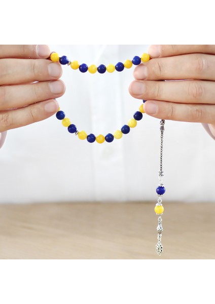 925 Ayar Gümüş Foxtail Zincir Püsküllü Küre Kesim Sarı Lacivert Jade Doğaltaş Taraftar Tesbih modelleri