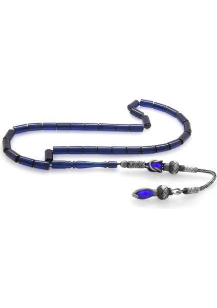 1000 Ayar Gümüş Kazaz Püsküllü Kesme Kesim Lacivert Sıkma Kehribar Tesbih