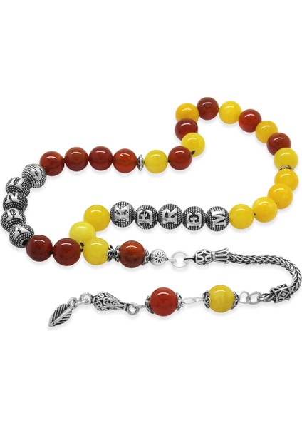 925 Ayar Gümüş Püsküllü Küre Kesim Isme Özel Yazılı Sarı Kırmızı Jade Akik Doğaltaş Taraftar Tesbih