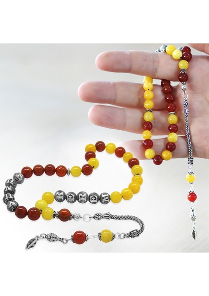 925 Ayar Gümüş Püsküllü Küre Kesim Isme Özel Yazılı Sarı Kırmızı Jade Akik Doğaltaş Taraftar Tesbih fiyatları