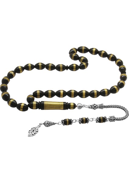 925 Ayar Gümüş Püsküllü Pirinç Sarmal Arpa Kesim Siyah Kuka Tesbih