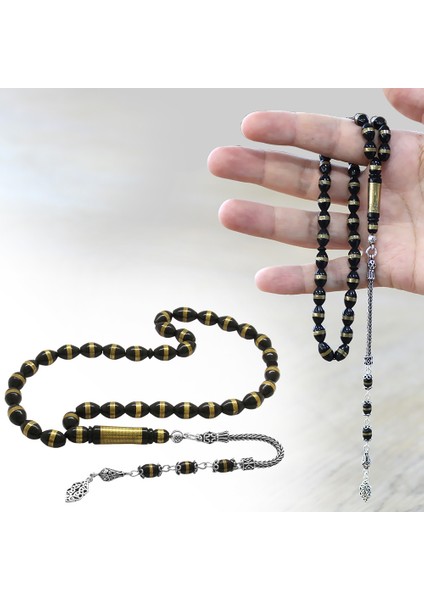 925 Ayar Gümüş Püsküllü Pirinç Sarmal Arpa Kesim Siyah Kuka Tesbih modelleri