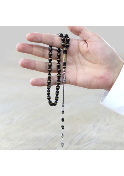 925 Ayar Gümüş Püsküllü Pirinç Sarmal Arpa Kesim Siyah Kuka Tesbih fırsatları