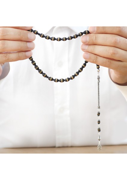 925 Ayar Gümüş Püsküllü Pirinç Sarmal Arpa Kesim Siyah Kuka Tesbih indirimleri