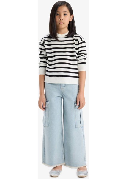 Kız Çocuk Standart Fit Bisiklet Yaka Çizgili Triko Kazak C6903A825AU