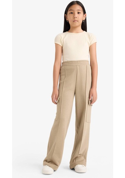 Kız Çocuk Beli Lastikli Wide Leg Kargo Eşofman Altı