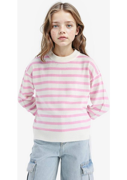 Kız Çocuk Standart Fit Bisiklet Yaka Çizgili Triko Kazak C6903A825AU