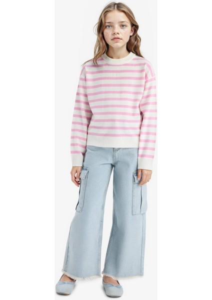 Kız Çocuk Standart Fit Bisiklet Yaka Çizgili Triko Kazak C6903A825AU