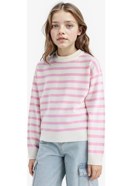 Kız Çocuk Standart Fit Bisiklet Yaka Çizgili Triko Kazak C6903A825AU