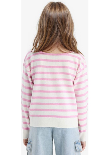 Kız Çocuk Standart Fit Bisiklet Yaka Çizgili Triko Kazak C6903A825AU