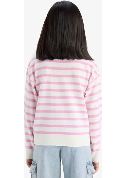 Kız Çocuk Standart Fit Bisiklet Yaka Çizgili Triko Kazak C6903A825AU