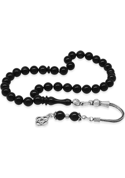 925 Ayar Gümüş Püsküllü Küre Kesim Bilek Boy Mavi Siyah Sıkma Kehribar Tesbih