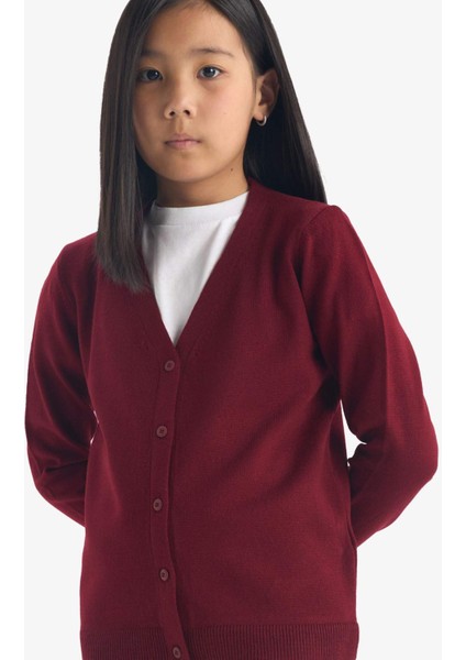 Kız Çocuk V Yaka Düğmeli Okul Triko Hırkası